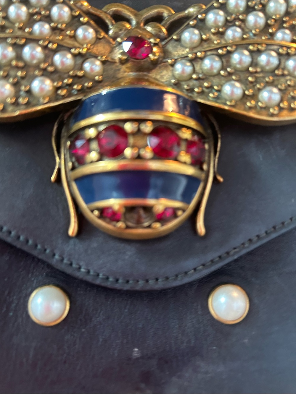 Gucci Black Pearl-Studded Leather Crossbody with Jeweled Bee - Picture 8 of 8